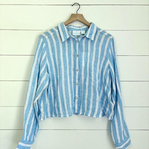 NWT Cynthia Rowley linen blue and white striped button down sz large - Picture 1 of 4